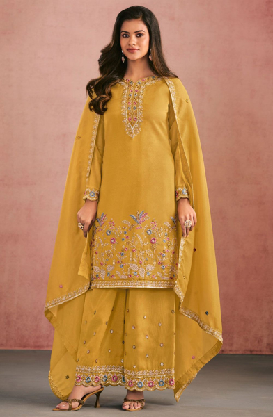 Mustard Embroidered Shimmer Silk Palazzo Kameez