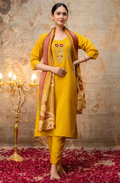 Mustard Embroidered Shimmer Silk Readymade Suit