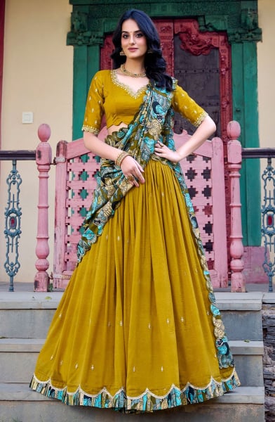 Mustard Embroidered Silk Lehenga Choli with Kalamkari Dupatta