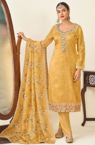 Mustard Embroidered Silk Pant Kameez