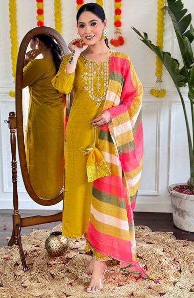 Mustard Embroidered Viscose Chanderi Readymade Suit