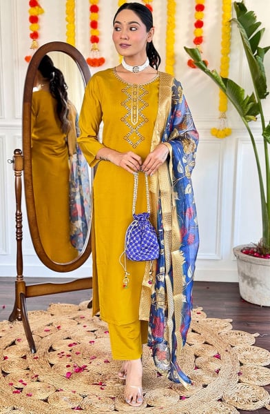 Mustard Embroidered Viscose Chanderi Readymade Suit