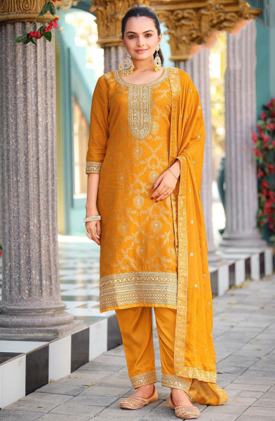 Mustard Embroidered Viscose Jacquard Pant Kameez