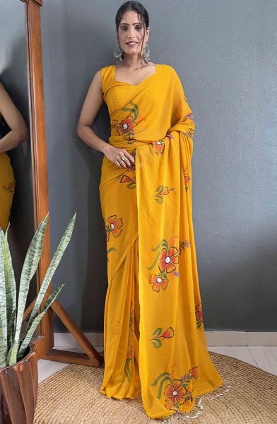Mustard Faux Georgette Ready to Wear Saree