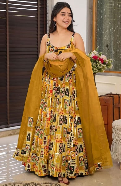 Mustard Flared Silk Anarkali Gown with Dupatta