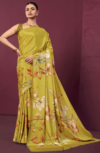 Mustard Floral Print Crepe Silk Saree