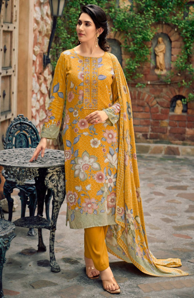Mustard Floral Print Pashmina Pant Kameez