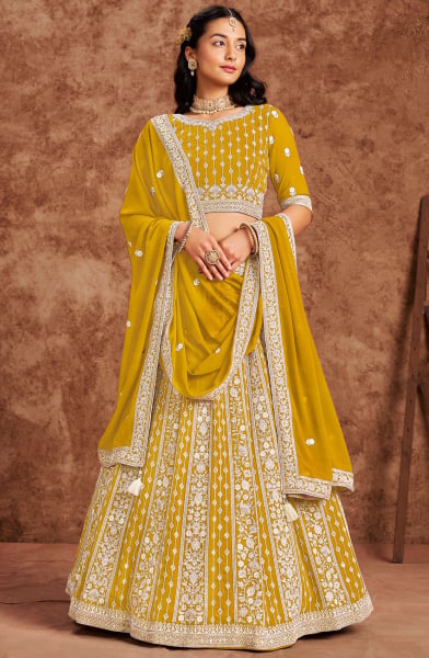 Mustard Lakhnavi Work Faux Georgette Lehenga Choli