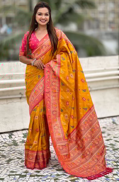 Mustard Meenakari Patola Silk Saree