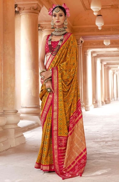 Mustard Patola Design Viscose Silk Saree