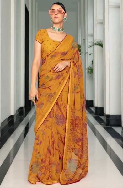 Mustard Printed Casual Georgette Saree