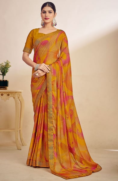 Mustard Printed Chiffon Saree