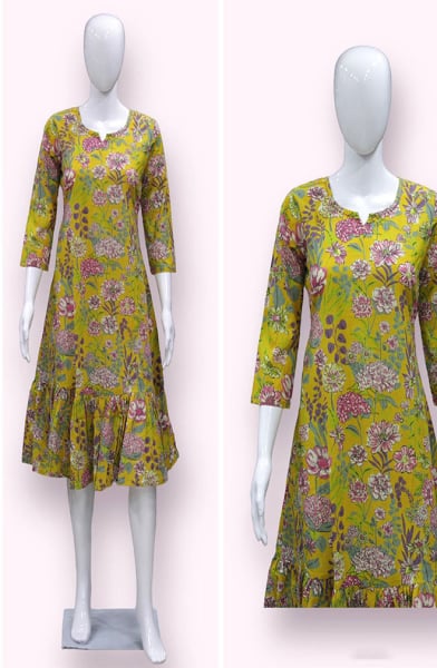 Mustard Printed Cotton Frilled Kurti