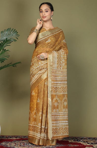 Mustard Printed Cotton Ready to Wear Saree