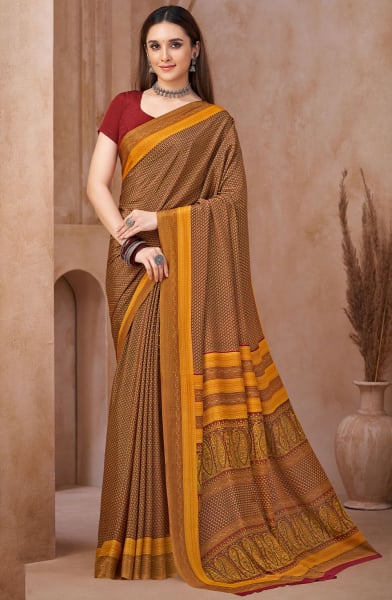 Mustard Printed Crepe Casual Saree