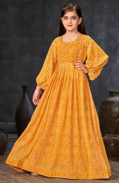 Mustard Printed Georgette Girls Gown
