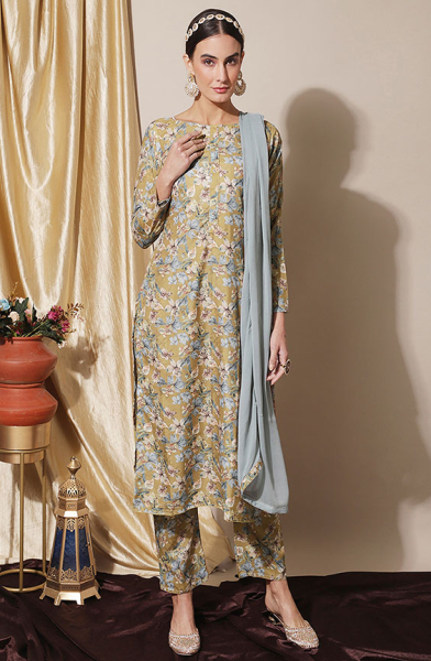 Mustard Printed Muslin Plus Size Suit for Party