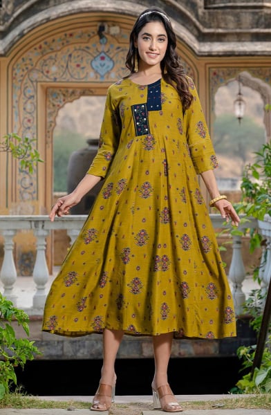Mustard Printed Rayon Kurti