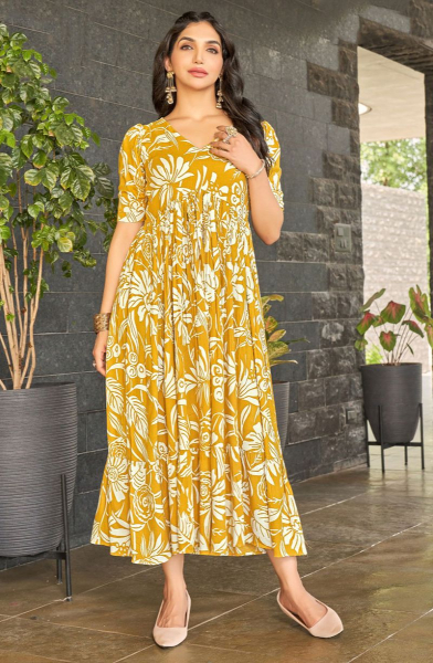 Mustard Printed Rayon Long Kurta