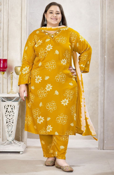 Mustard Printed Rayon Readymade Plus Size Suit