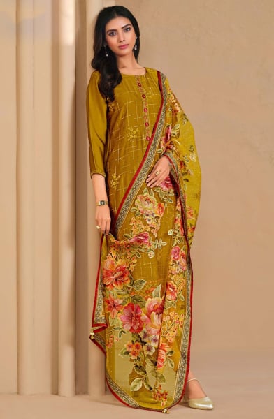 Mustard Resham Embroidered Chinnon Chiffon Pant Kameez