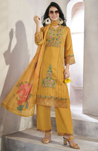 Mustard Resham Embroidered Silk Readymade Suit