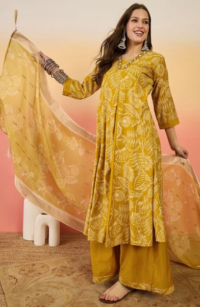 Mustard Roman Silk Readymade Palazzo Kameez