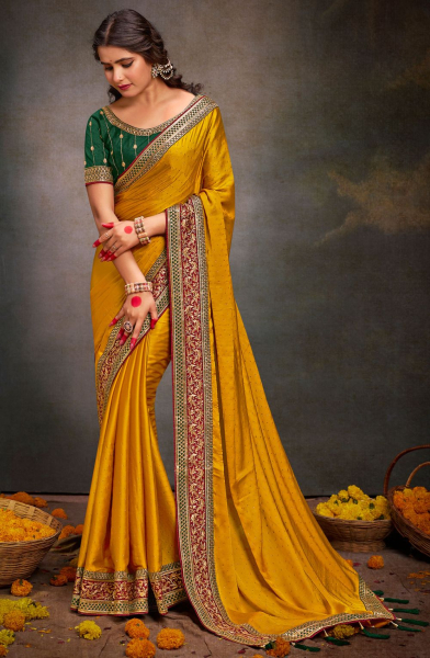 Mustard Satin Saree with Embroidered Blouse
