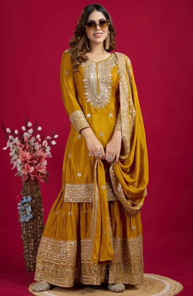 Mustard Sequins Embroidered Chinnon Sarara Kameez