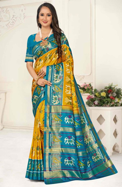 Mustard Silk Saree with Kalamkari Print