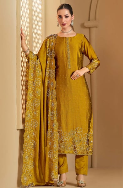 Mustard Swarovski Embellished Georgette Pant Kameez