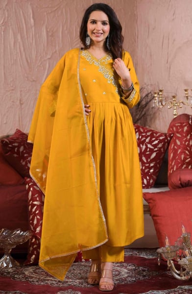 Mustard Viscose Chanderi Readymade Pant Kameez