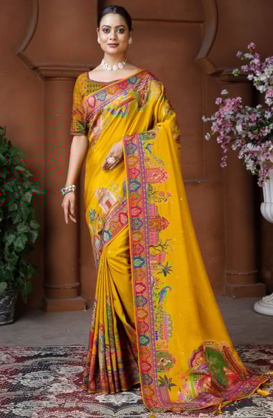 Mustard Woven Dola Silk Designer Saree