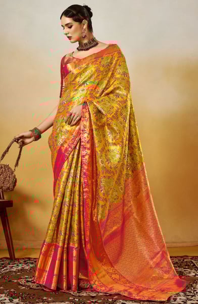 Mustard Woven Pure Handloom Dharmavaram Silk Saree
