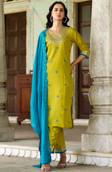 Mustard Yellow Art Silk Readymade Pant Kameez Suit