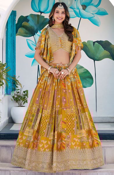 Mustard Yellow Chinnon Silk Embroidered Lehenga Choli Set for Ceremonial