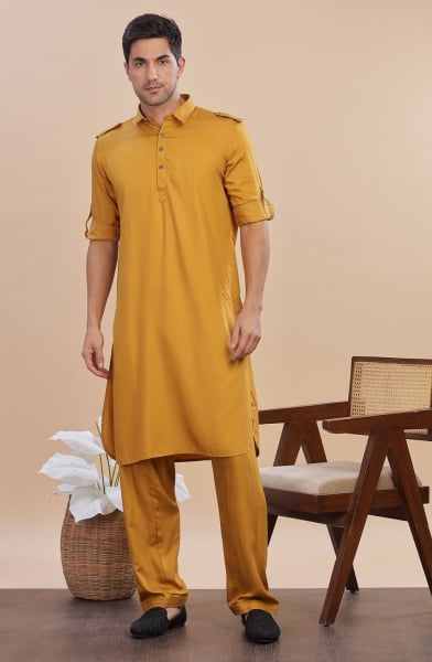 Mustard Yellow Cotton Satin Pathani Suit for Festival