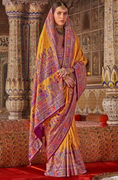 Mustard Yellow Embellished Viscose Silk Saree