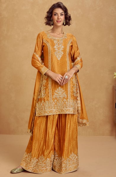 Mustard Yellow Embroidered Chinnon Silk Palazzo Kameez for Festival