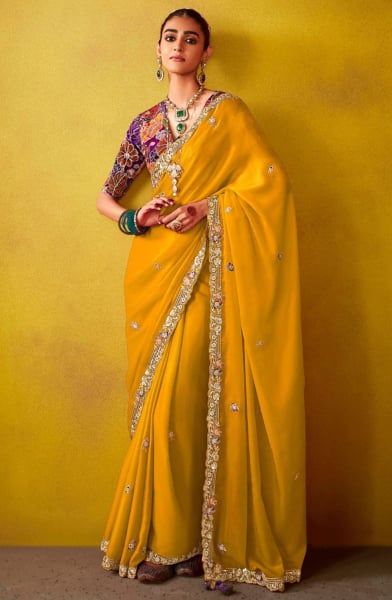 Mustard Yellow Embroidered Designer Saree for Wedding