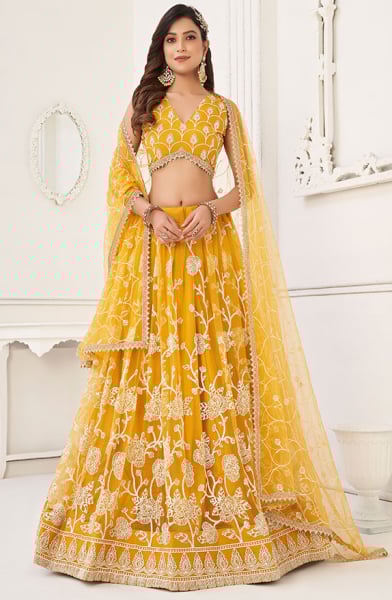 Mustard Yellow Embroidered Net Lehenga Choli