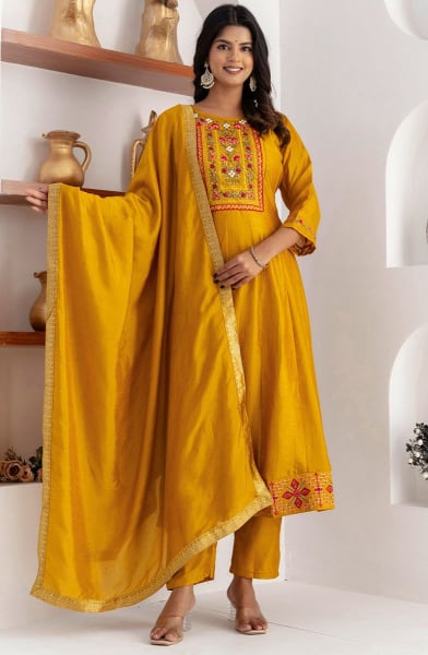 Mustard Yellow Embroidered Silk A-Line Suit