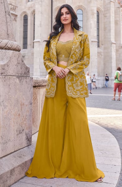 Mustard Yellow Embroidered Silk Designer IndoWestern