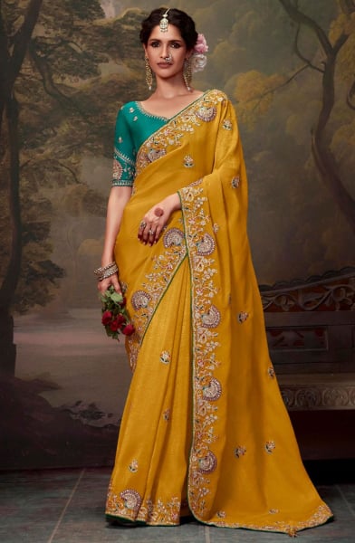 Mustard Yellow Embroidered Tissue Organza Saree