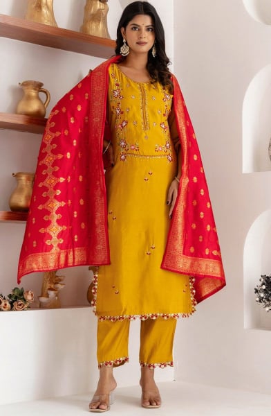 Mustard Yellow Embroidered Viscose Silk Readymade Suit