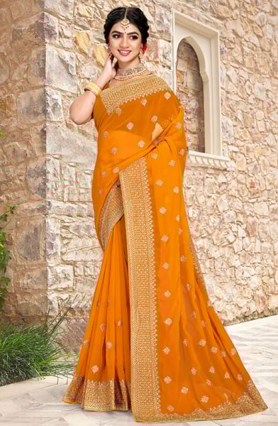 Mustard Yellow Georgette Embroidered Saree