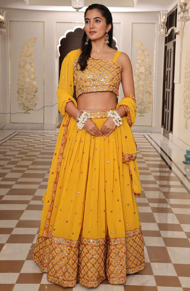 Mustard Yellow Georgette Lehenga Choli for Ceremonial