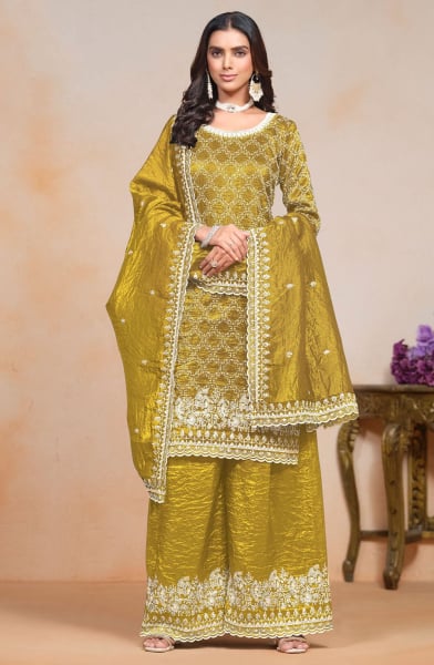Mustard Yellow Gold Crush Embroidered Palazzo Kameez Suit