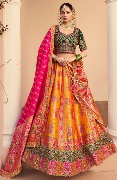 Mustard Yellow Handwork Banarasi Silk Bridal Lehenga Choli