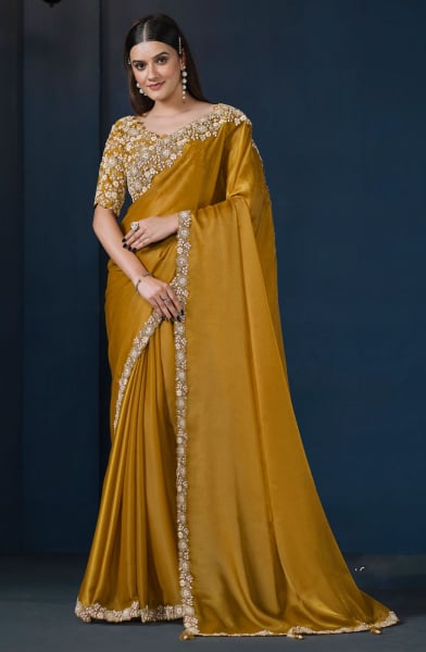 Mustard Yellow Heavy Embroidered Designer Saree